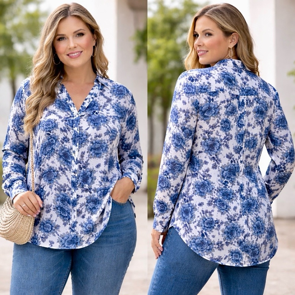 INC XL Blue Floral Button Down Blouse Silky Lightweight Shirt